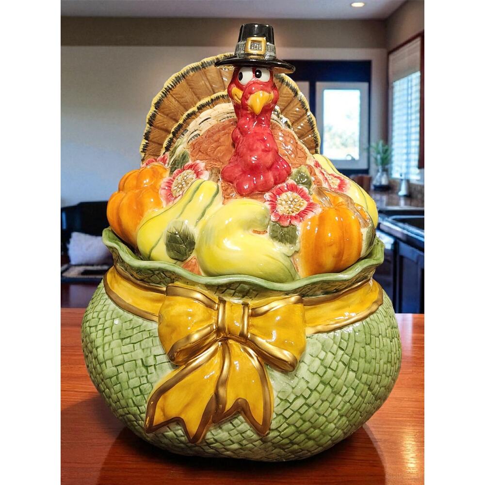 Fitz and Floyd Seasonal Cookie Jar Turkey in Pot of Gourds & Flowers LARGE EUC - Picture 2 of 10